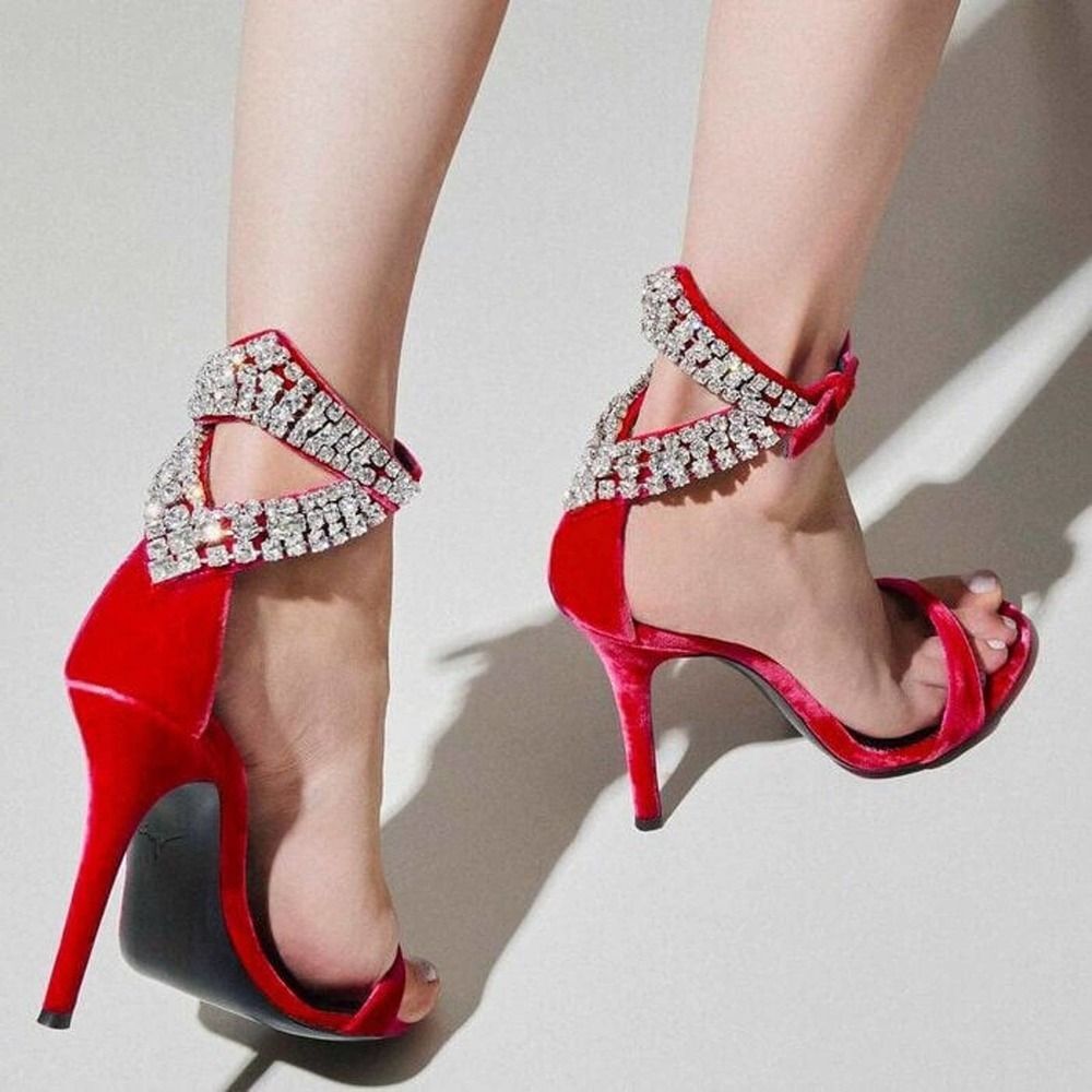 Giuseppe Zanotti Tricia Red Velvet Crystal ankle wrap stiletto heel sandal